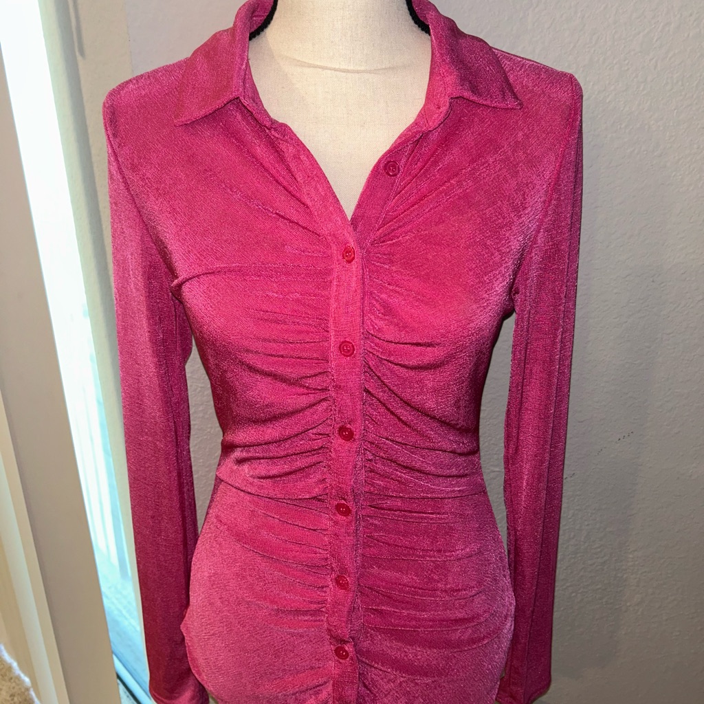 Nwt Fashion Nova Hot Pink Slinky Button Down Blouse.
